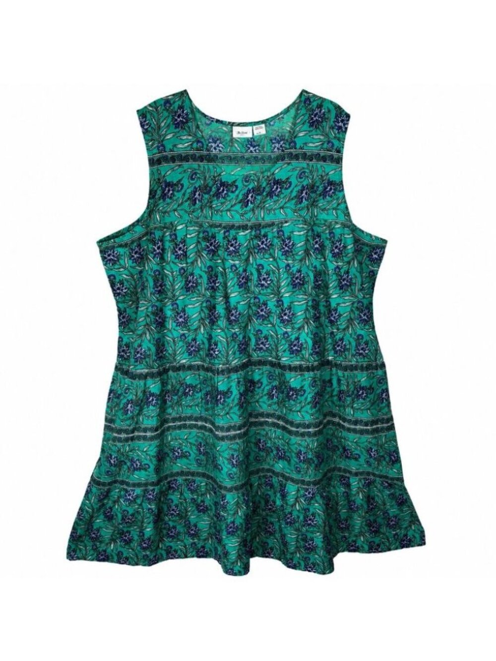 The Vermont Country Store Tiered Dress 3X Green Blue Floral Sleeveless NWOT